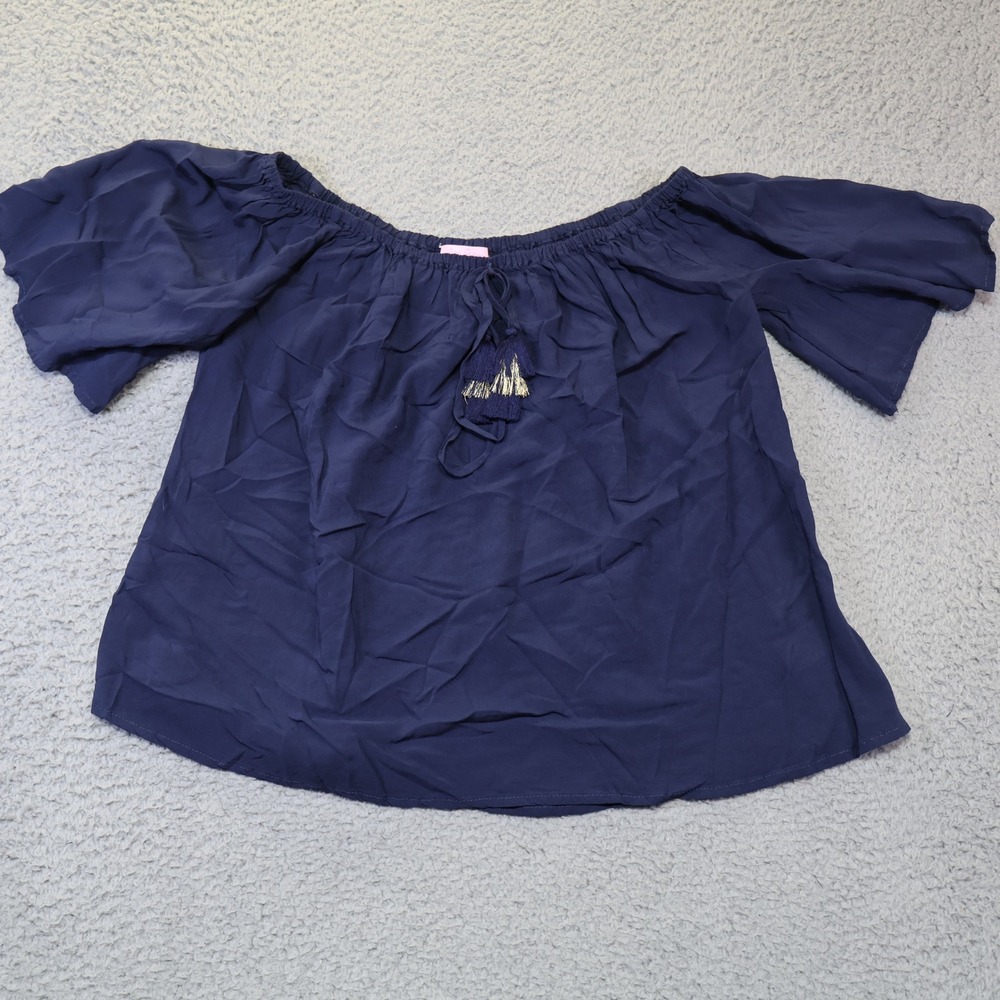 Lilly Pulitzer Navy Blue Off The Shoulder Tassel Blouse Sm Rayon Flutter Sleeve